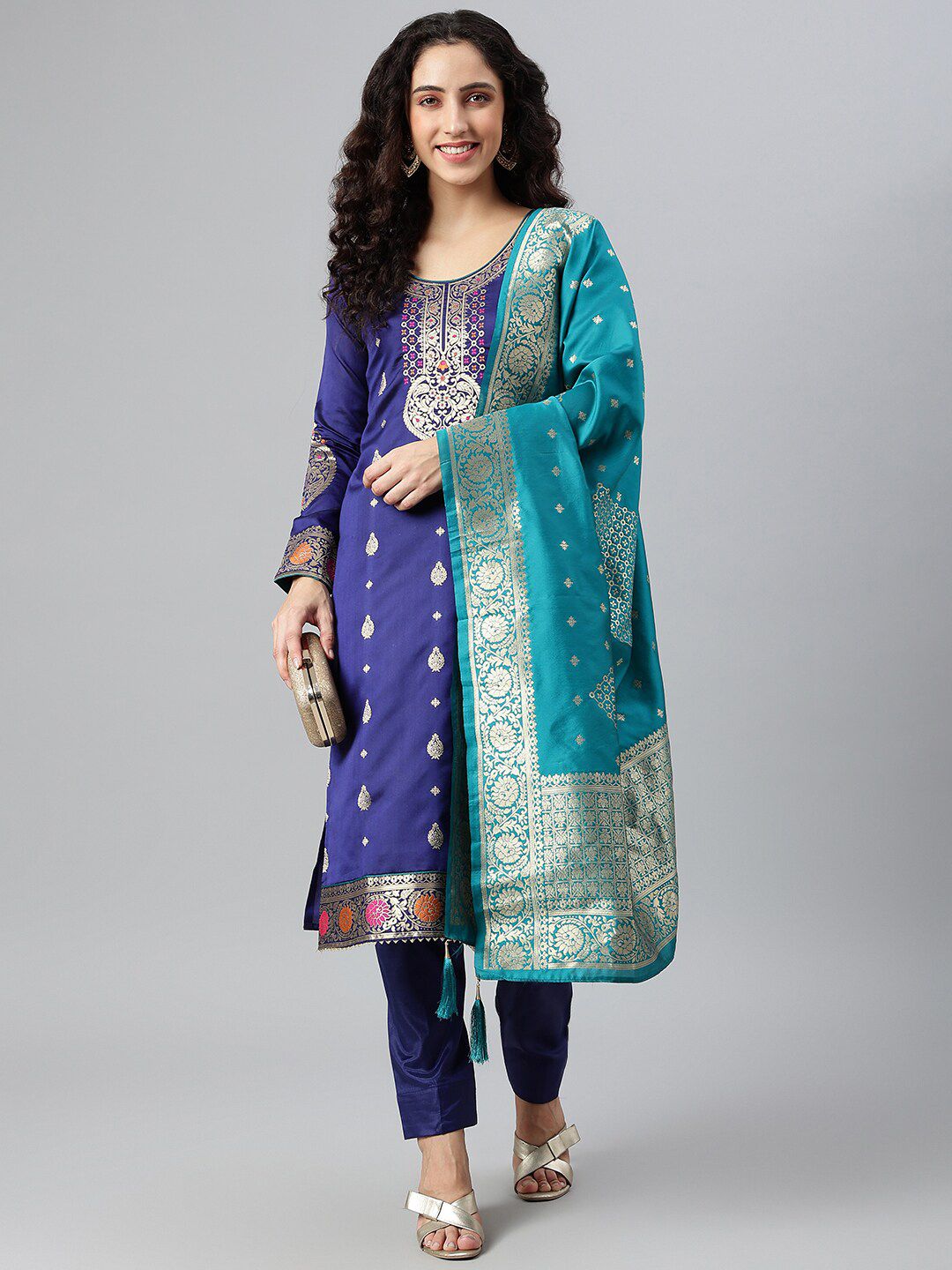 Lilots Blue & Gold-Toned Unstitched Dress Material Price in India