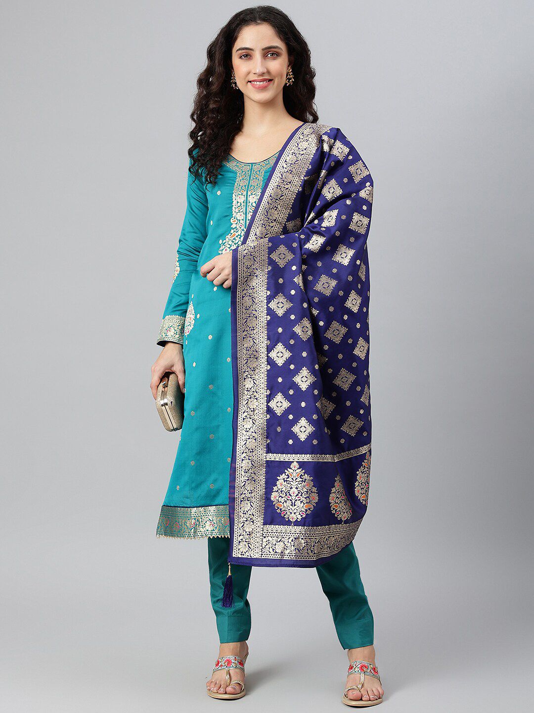 Lilots Turquoise Blue & Gold-Toned Unstitched Dress Material Price in India