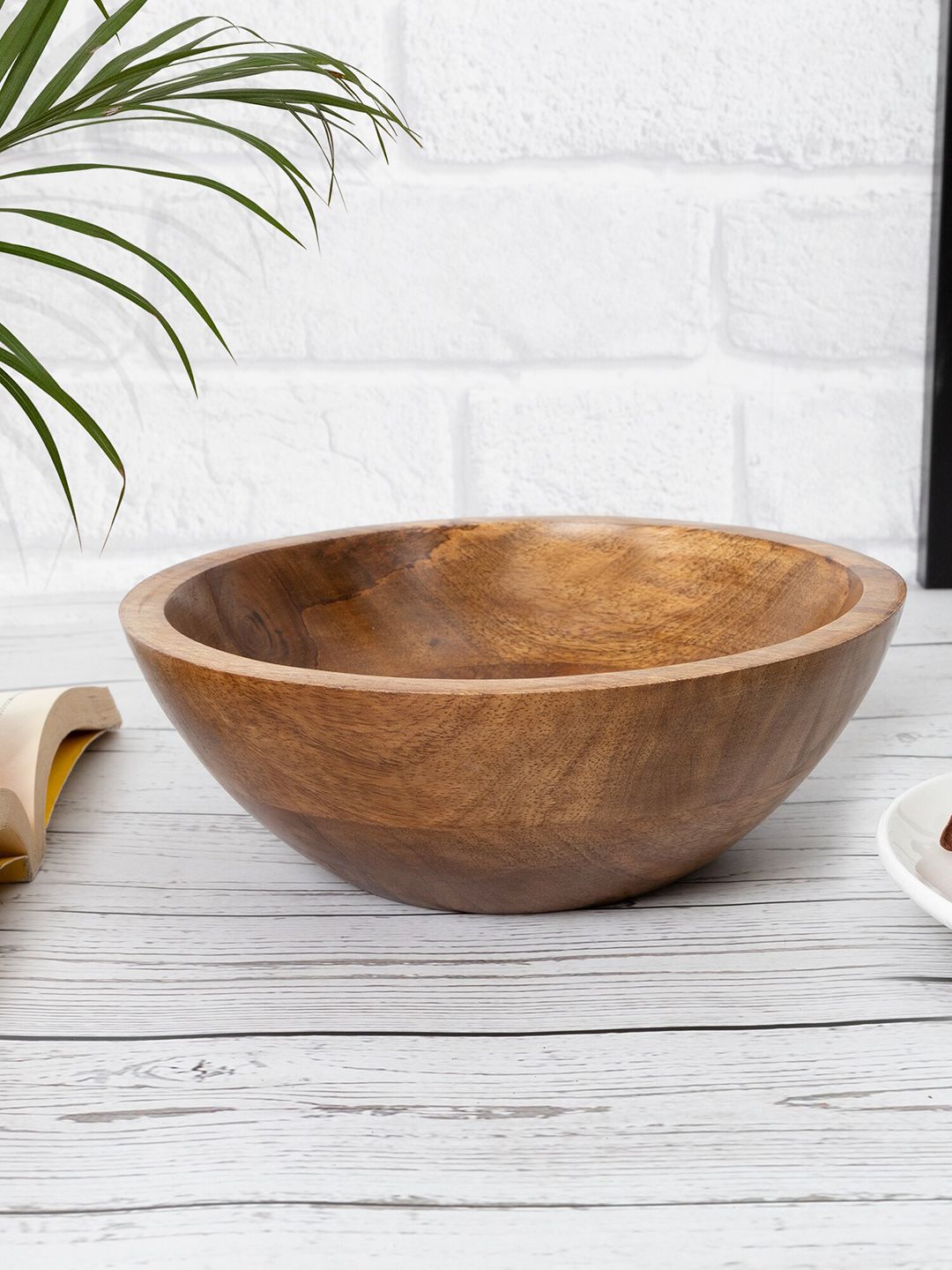 Homesake Tan Brown Flat base Wooden Serving Bowl- 20 cm Diameter Price in India