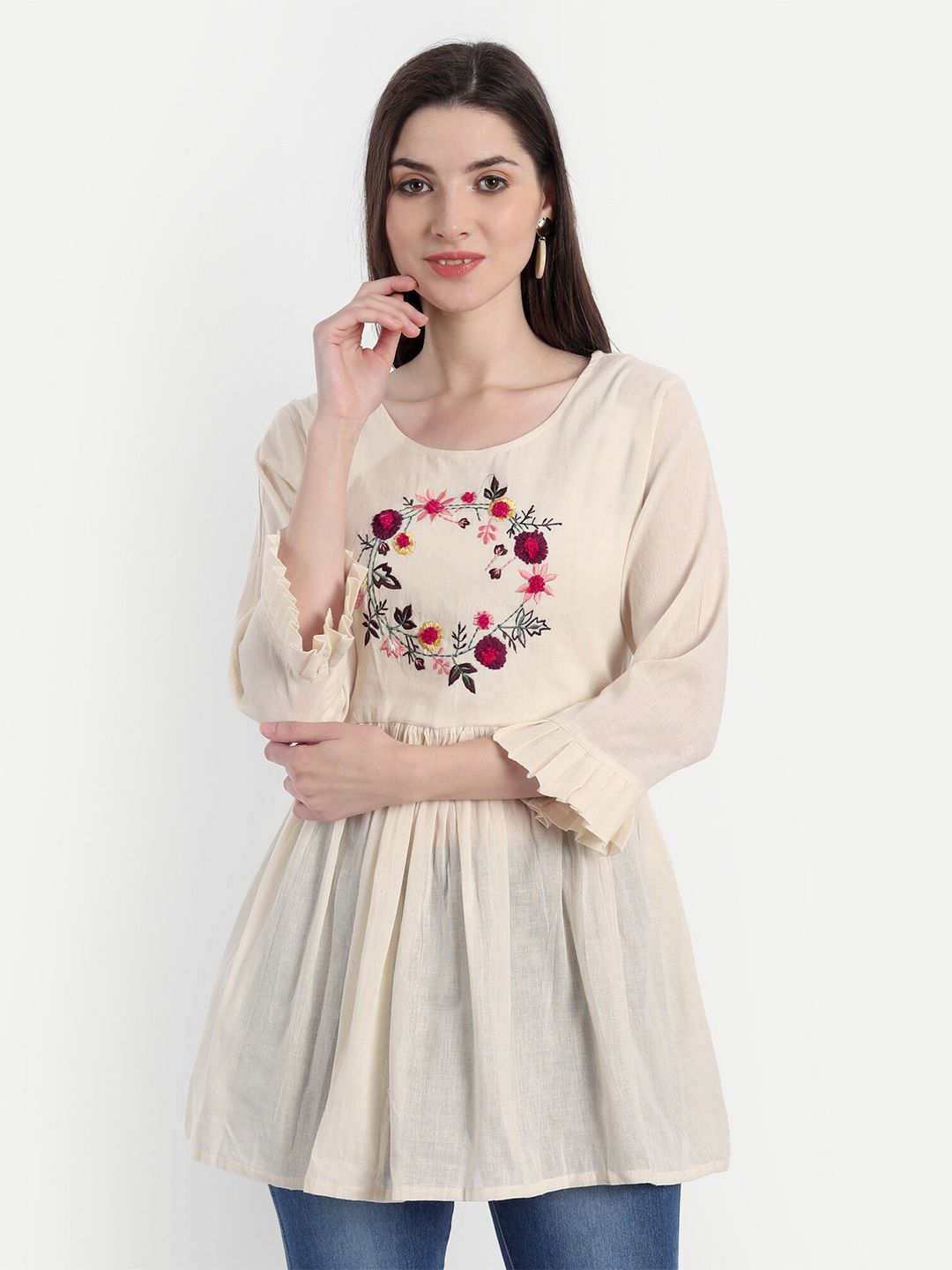 Flenzy Women Beige & Maroon Embroidered Empire Tunic Price in India