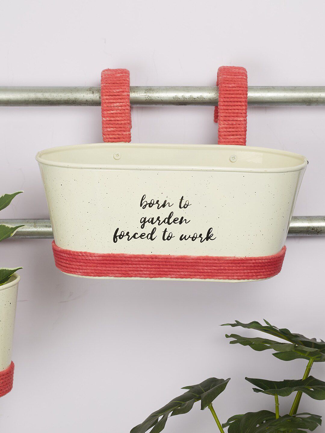 HomeTown Fuchsia Pink & Off-White Metal Funky Quote Railing Planters Price in India