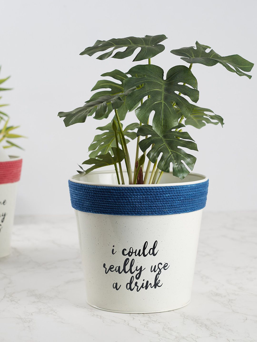 HomeTown Unisex Navy Blue & Off-White Metal Funky Quote Printed Planters Price in India