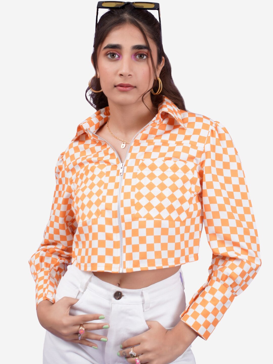 Alaya By Stage3 Women Orange Geometric Checked Crop Tailored Jacket Price in India