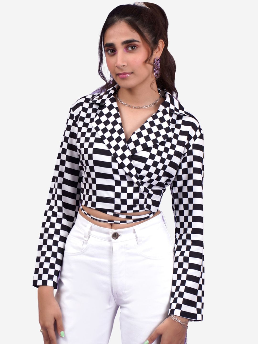 Alaya By Stage3 Women Black monochrome Tailored Fit Double Breasted Crop Blazer Price in India