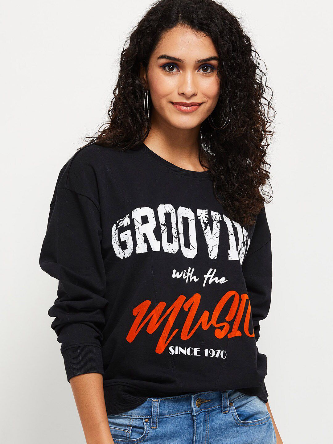max Women Black Printed Sweatshirt Price in India