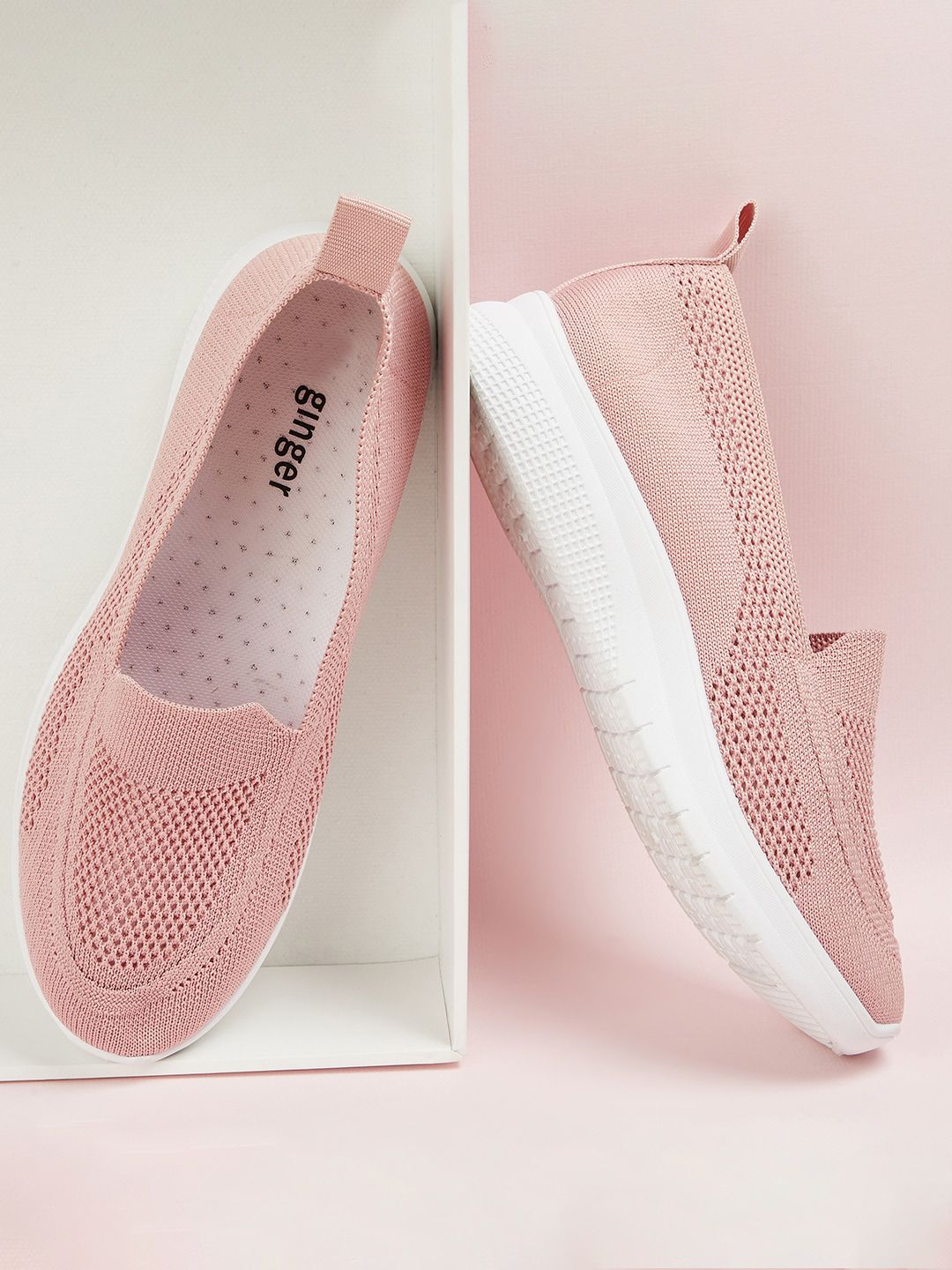 Ginger by Lifestyle Women Pink Woven Design PU Slip On Sneakers