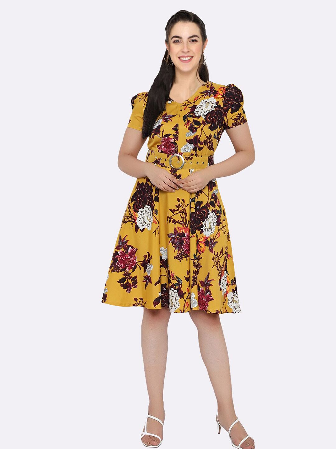 shashvi Yellow & Brown Floral Crepe Casual Fit and Flare Dress Price in India