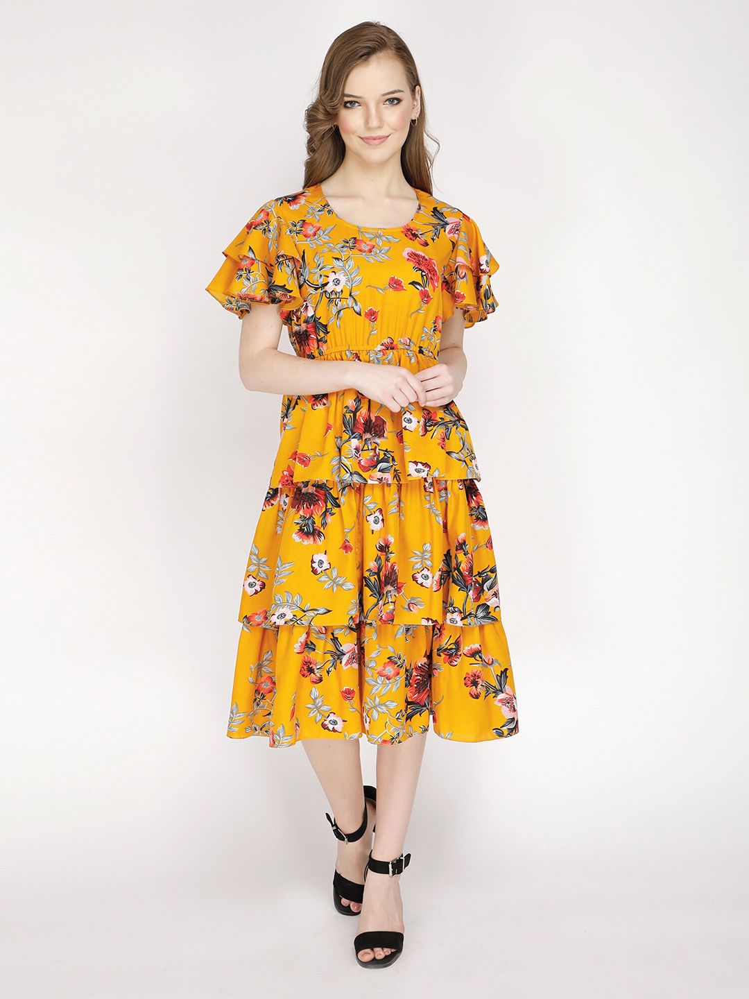 shashvi Yellow Floral Fit and Flare  Layered Crepe Midi Dress Price in India