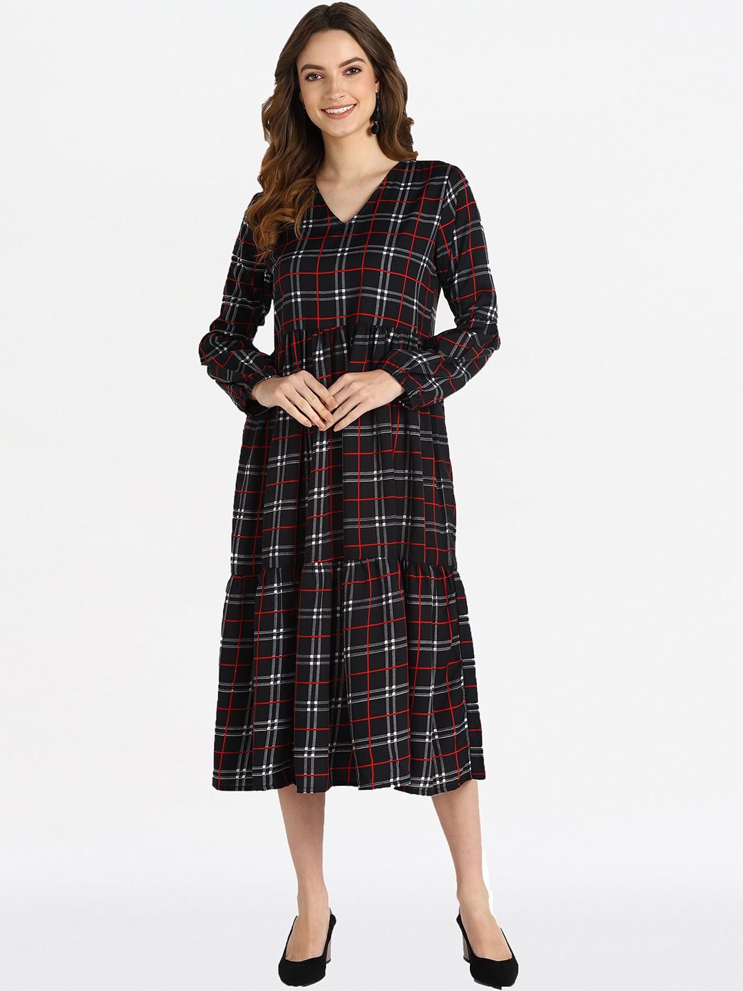 shashvi Black & Red Checked Crepe Midi Dress Price in India