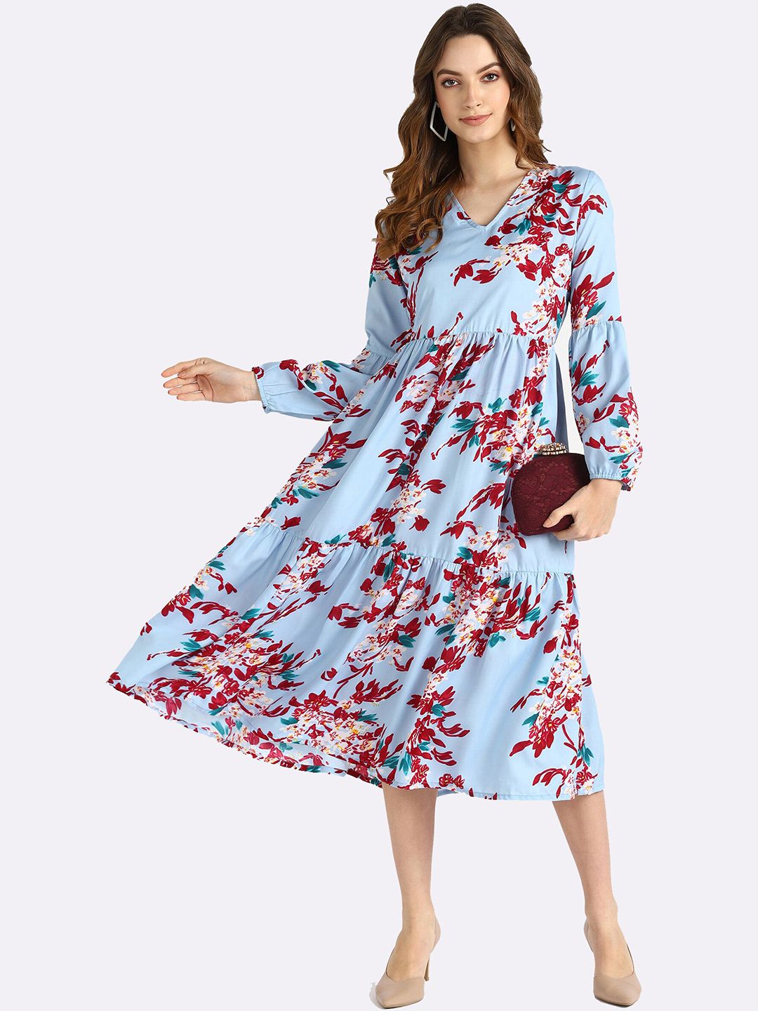 shashvi Blue & Red Floral Crepe Midi Dress Price in India