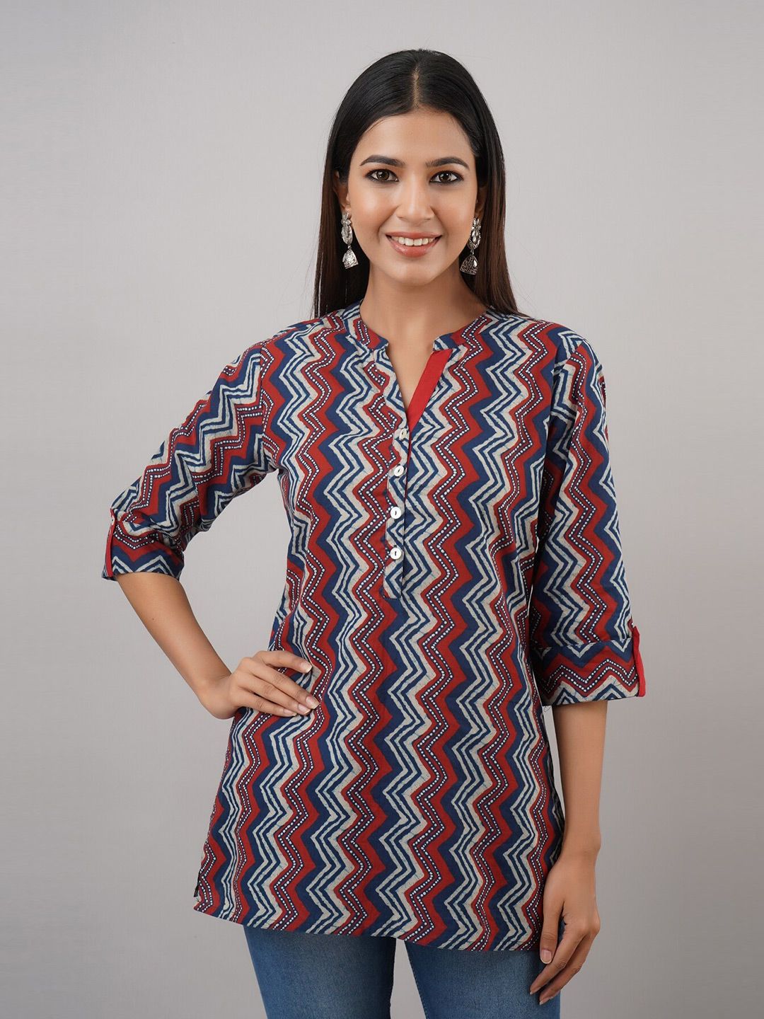 IRIDAA JAIPUR White & Blue Mandarin Collar Printed Tunic Price in India