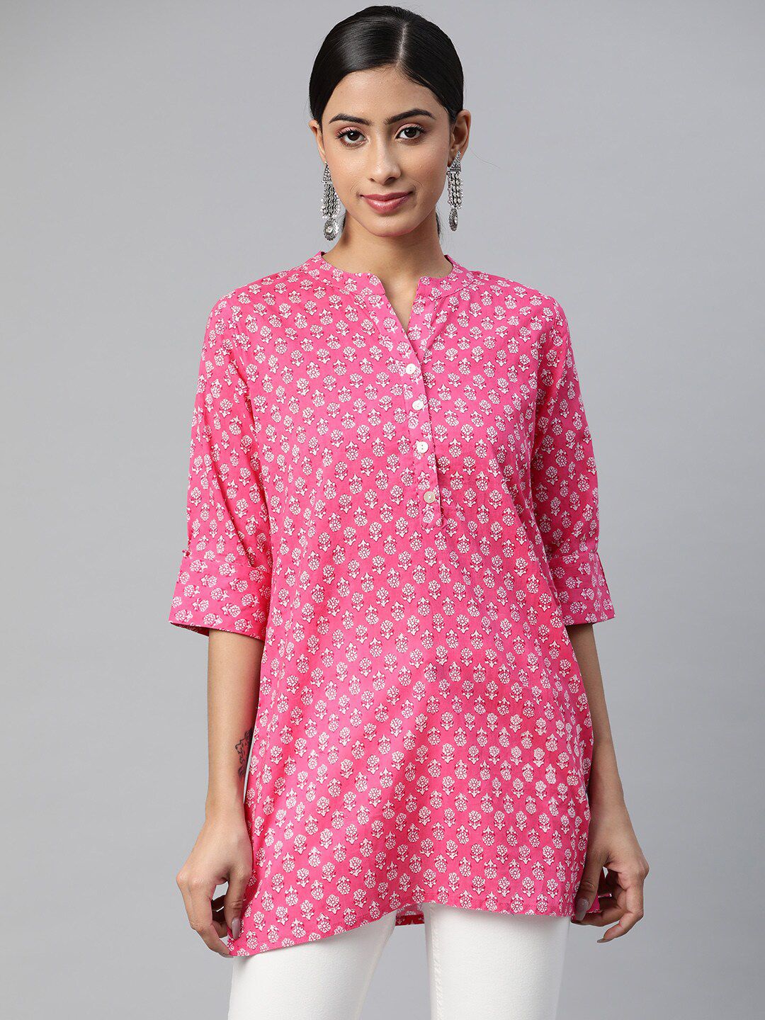 IRIDAA JAIPUR Pink & White Mandarin Collar Printed Tunic Price in India