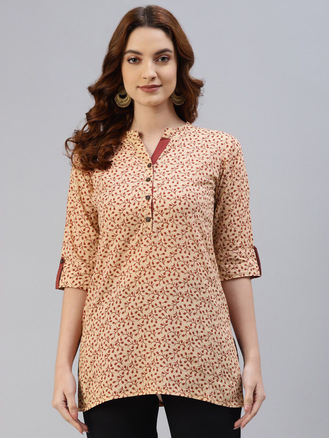 IRIDAA JAIPUR Beige & Red Mandarin Collar Printed Tunic Price in India