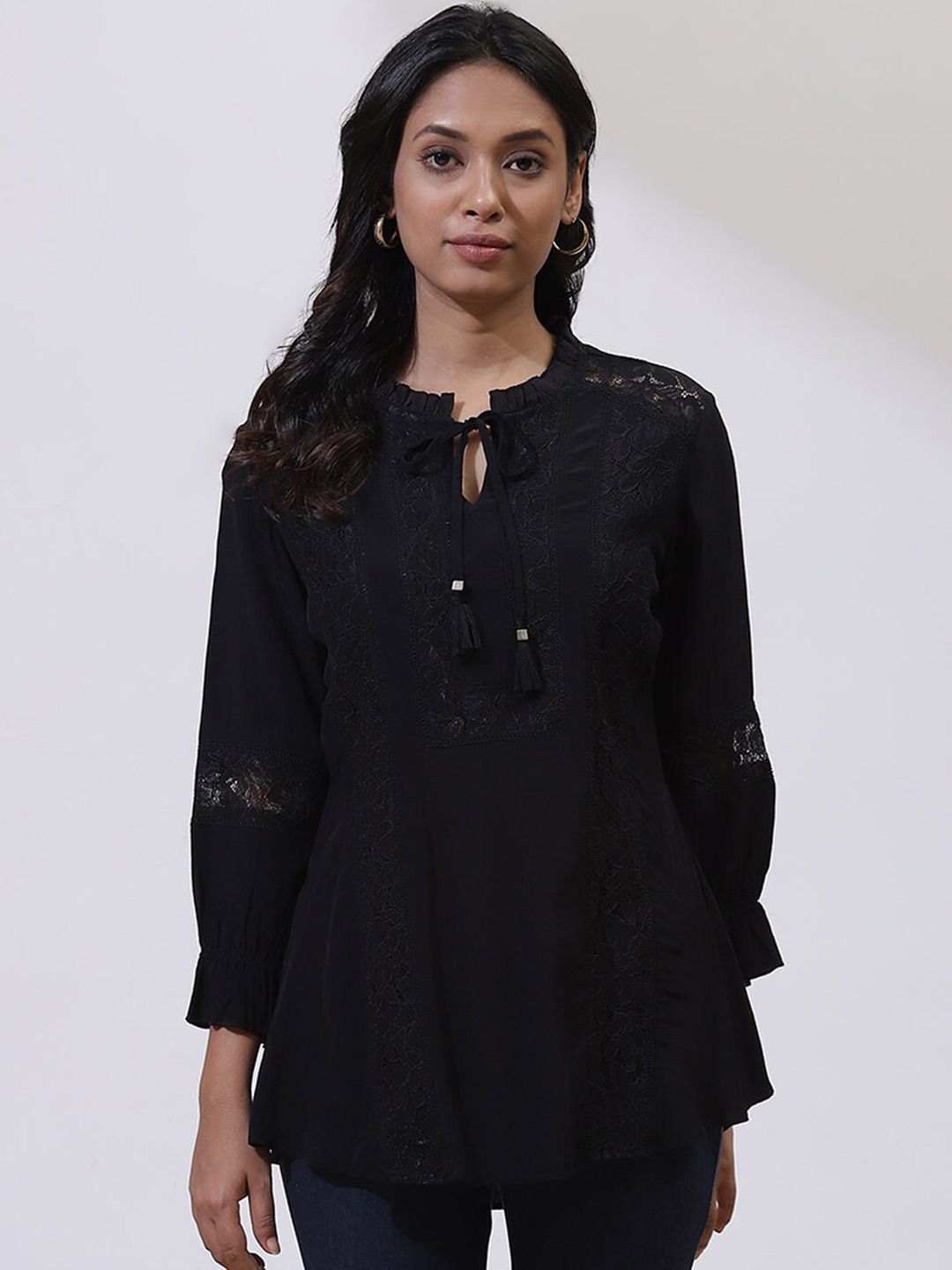 Lakshita Women Black Embroidered Puff Sleeves Cotton Kurti Price in India