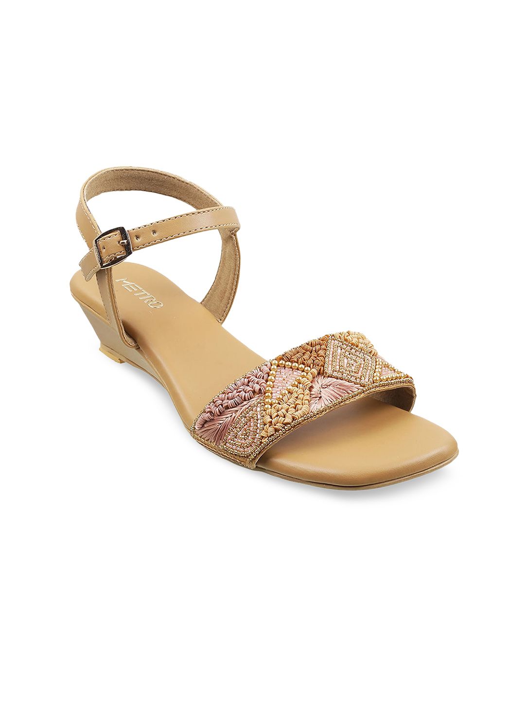 Metro Women Gold-Toned Embellished Wedge Sandals Price in India