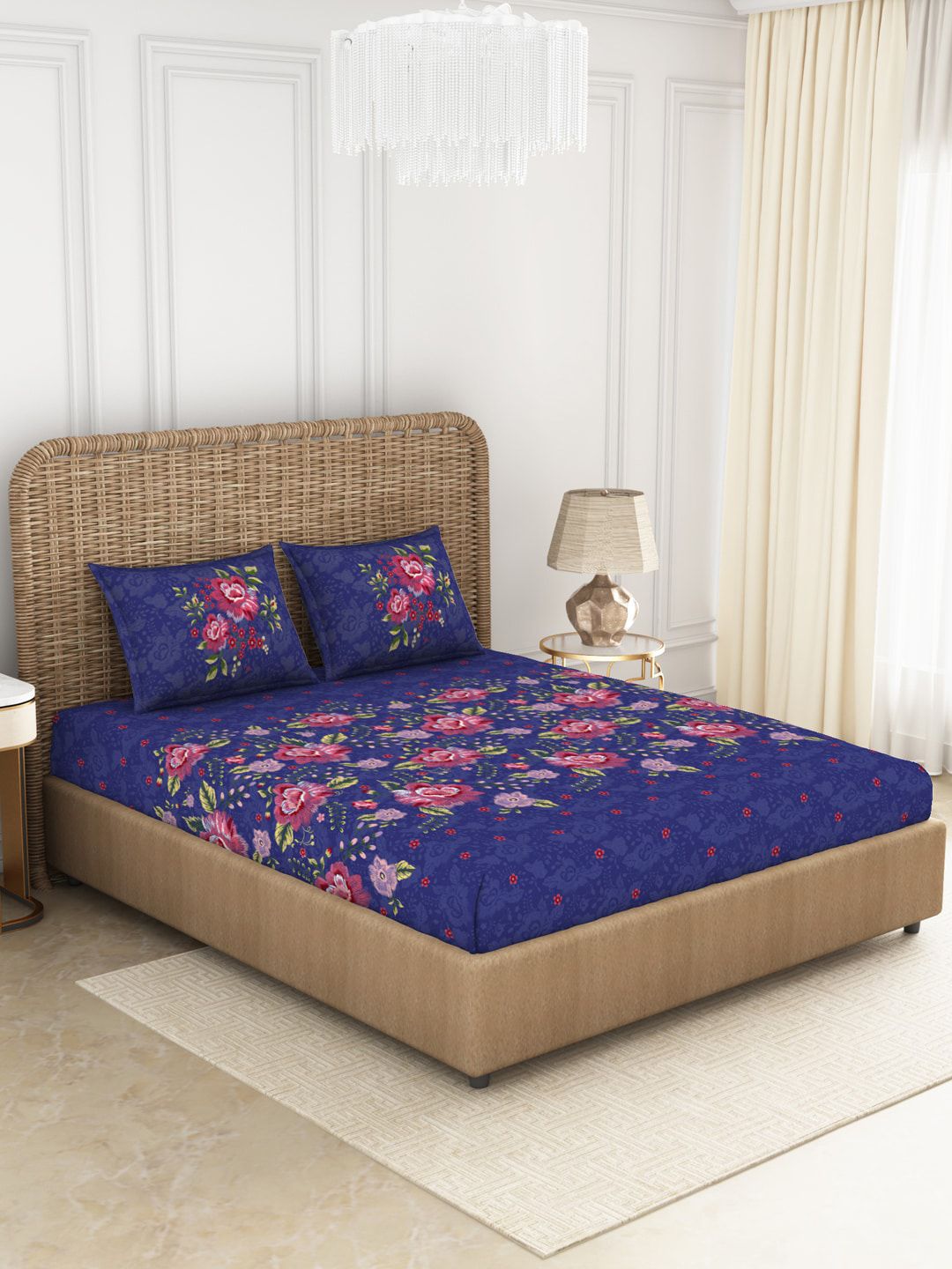 SPACES Blue & Pink Floral 144 TC Queen Pure Cotton Bedsheet with 2 Pillow Covers Price in India