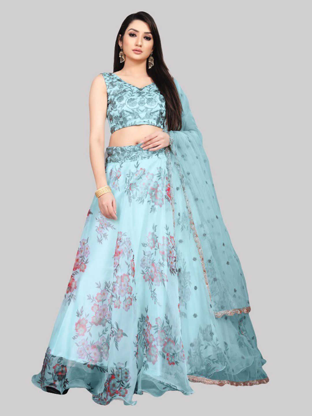 Fashion Basket Blue & Pink Embroidered Sequinned Semi-Stitched Lehenga & Unstitched Blouse With Dupatta Price in India