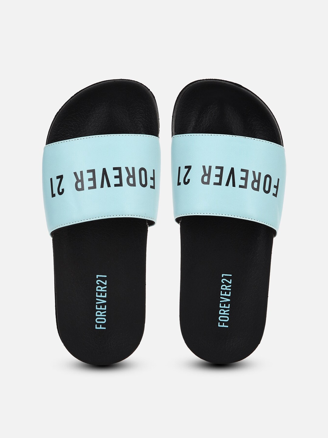FOREVER 21 Women Blue & Black Printed Rubber Sliders Price in India