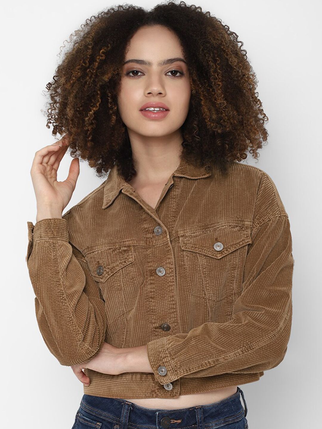AMERICAN EAGLE OUTFITTERS Women Brown Washed Crop Denim Jacket Price in India