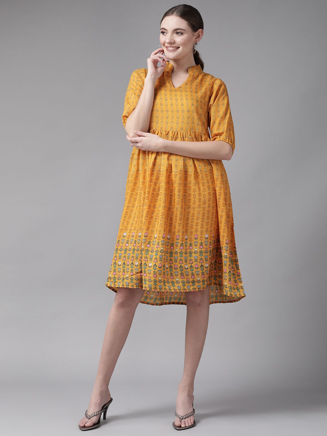 Aarika Yellow Floral Georgette A-Line Dress Price in India