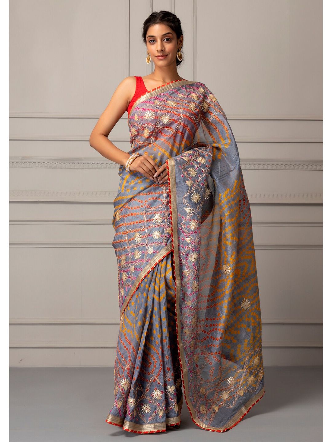 Geroo Jaipur Women Grey & Pink Bandhani Gotta Patti Art Silk Ready to Wear Bandhani Saree Price in India