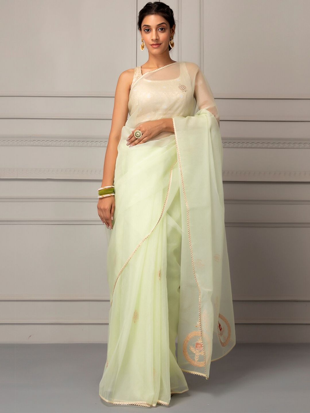 Geroo Jaipur Sea Green & Silver-Toned Embellished Gotta Patti Organza  Saree Price in India