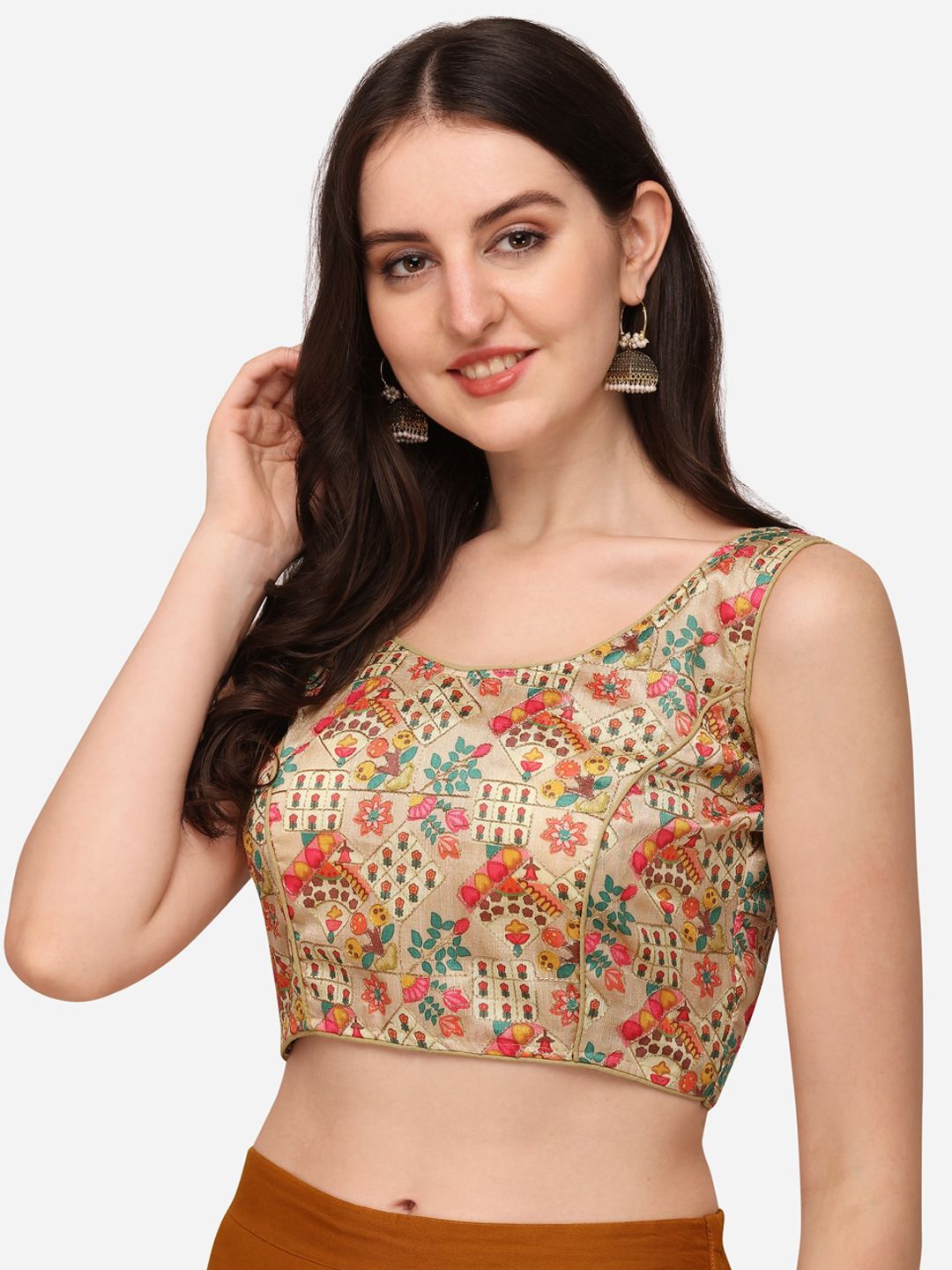 PUJIA MILLS Women Gold Coloured Printed Padded Saree Blouse Price in India
