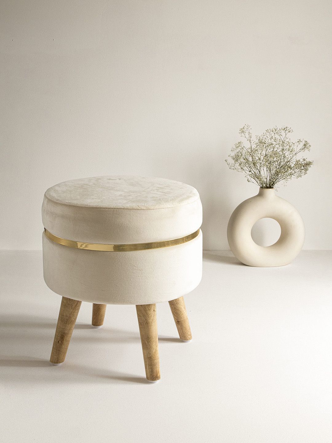 Clasiko Cream & Gold-Toned Solid Ottoman With Wooden Legs Price in India
