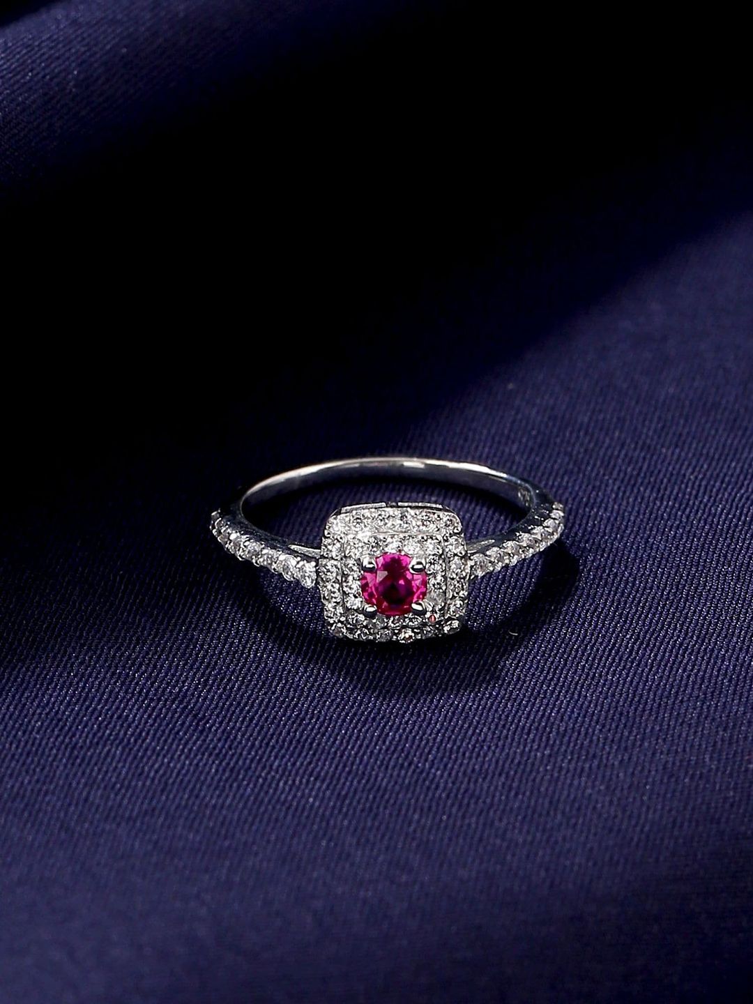 Hiara Jewels Rhodium-Plated Silver & Pink AD Stone Studded Finger Ring Price in India