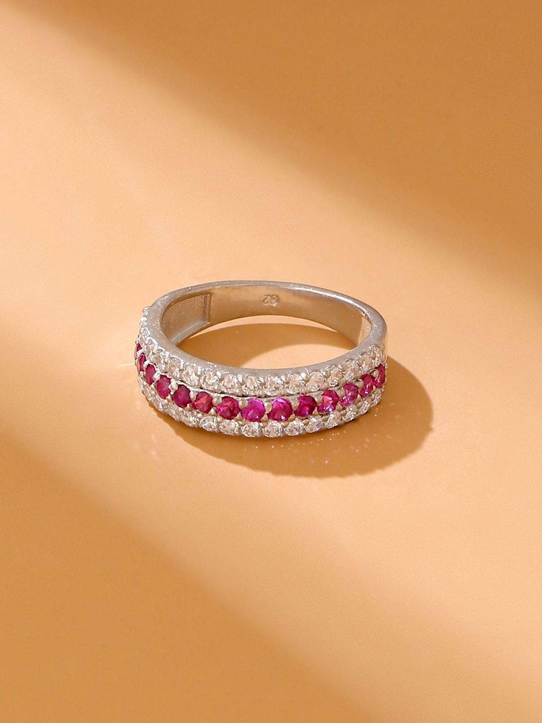Hiara Jewels 925 Sterling Silver Rhodium-Plated White & Pink CZ-Studded Finger Ring Price in India