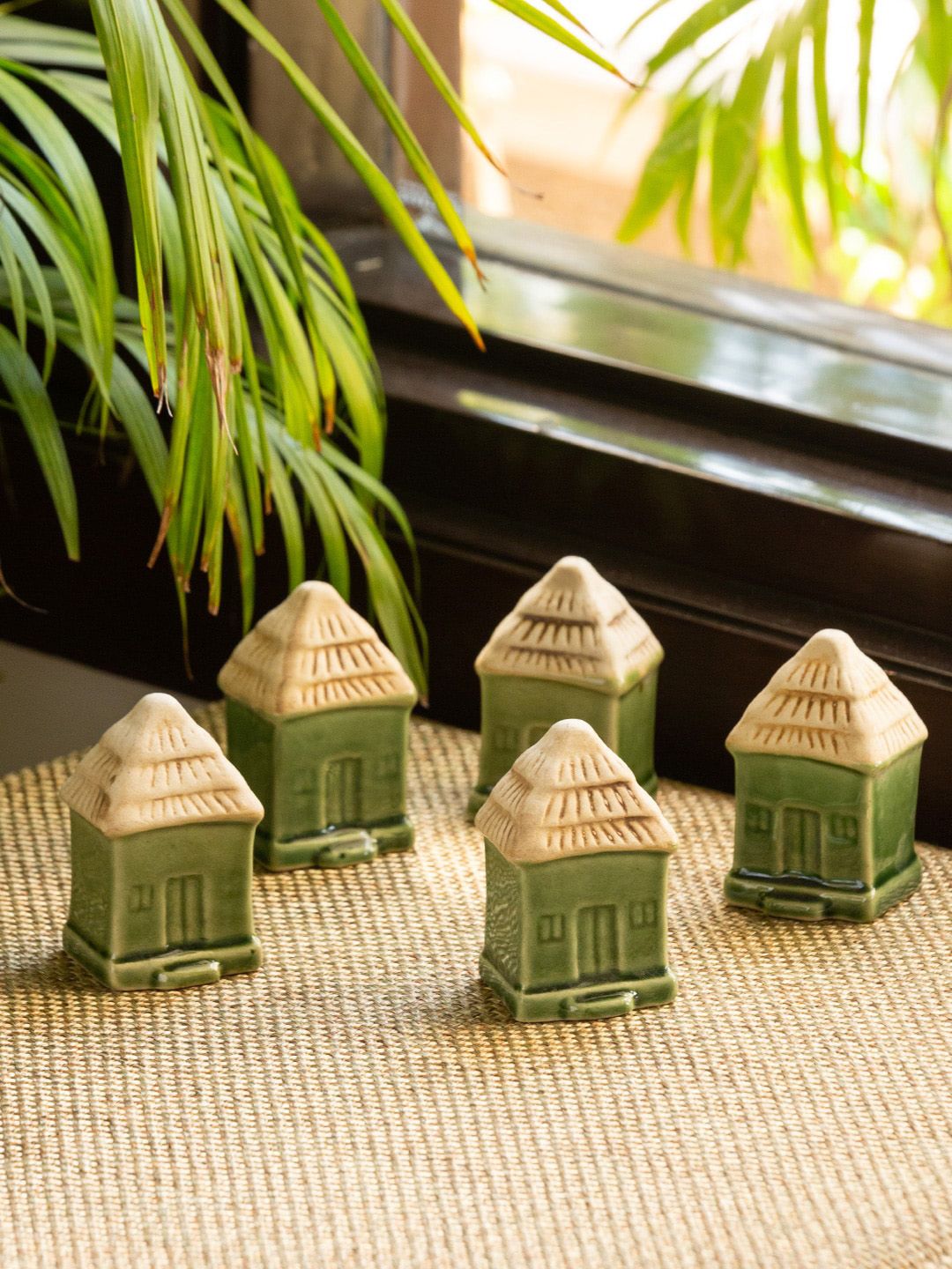 ExclusiveLane Set Of 5 Cream Little Cottages Hand Painted Garden Accessories Price in India