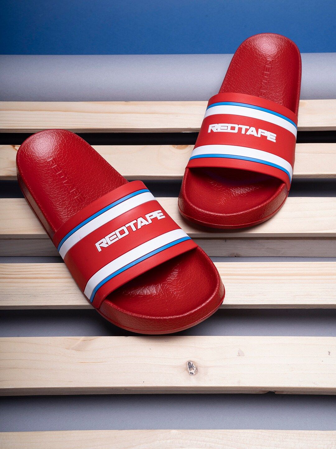 Red Tape Men Red White Striped Rubber Sliders Price History