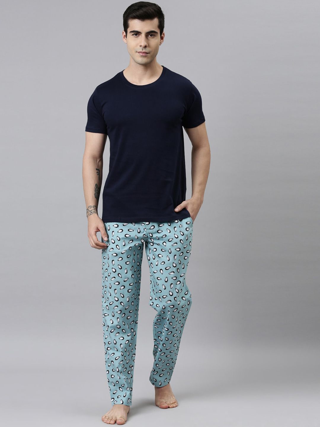 Joven Men Navy Blue & Sea Green Cotton Night Suit