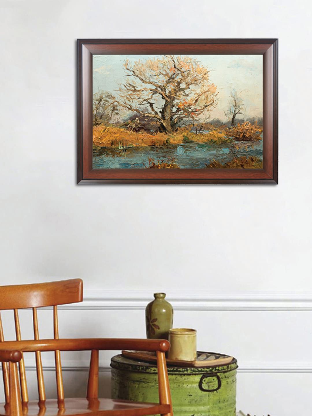 WENS Mustard Yellow & Brown Tree River Side Printed Framed Wall Art Price in India