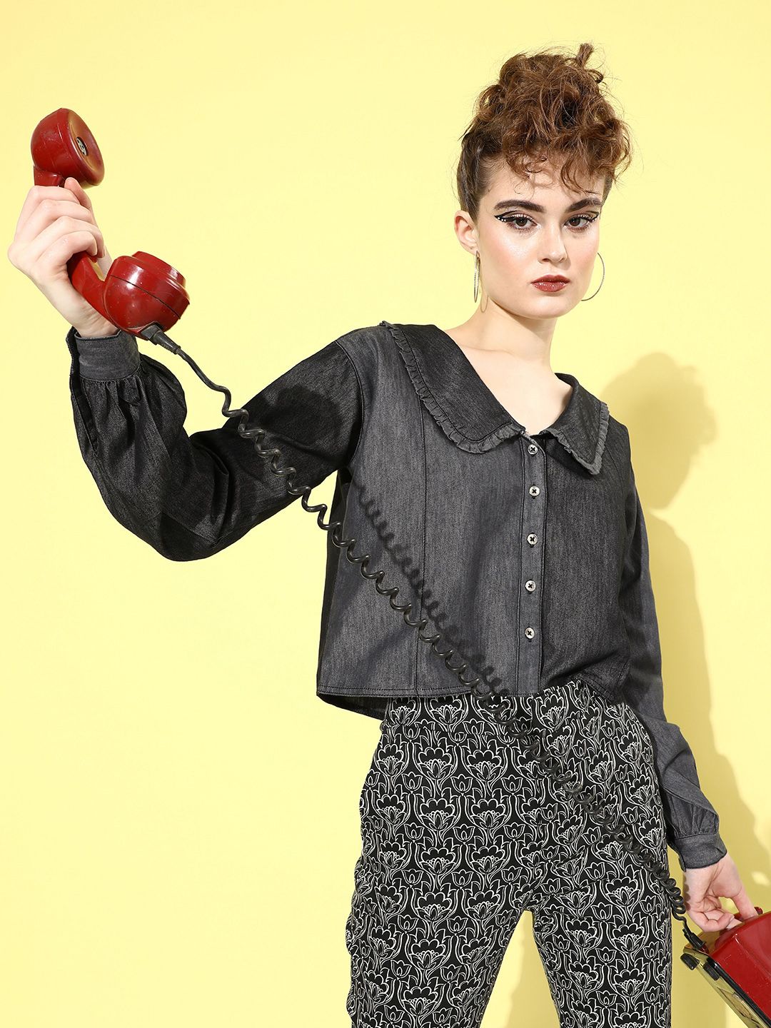 DressBerry Charcoal Black Chambray Emo 2.0 Once Upon a Sleeve Shirt Style Top Price in India