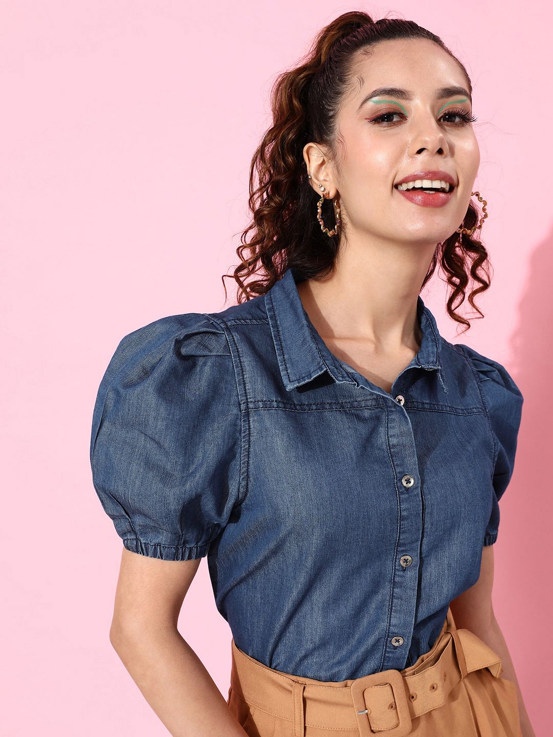 DressBerry Indigo Blue Puff Sleeve Chambray Preppy College Cool Utility Shirt Style Top Price in India