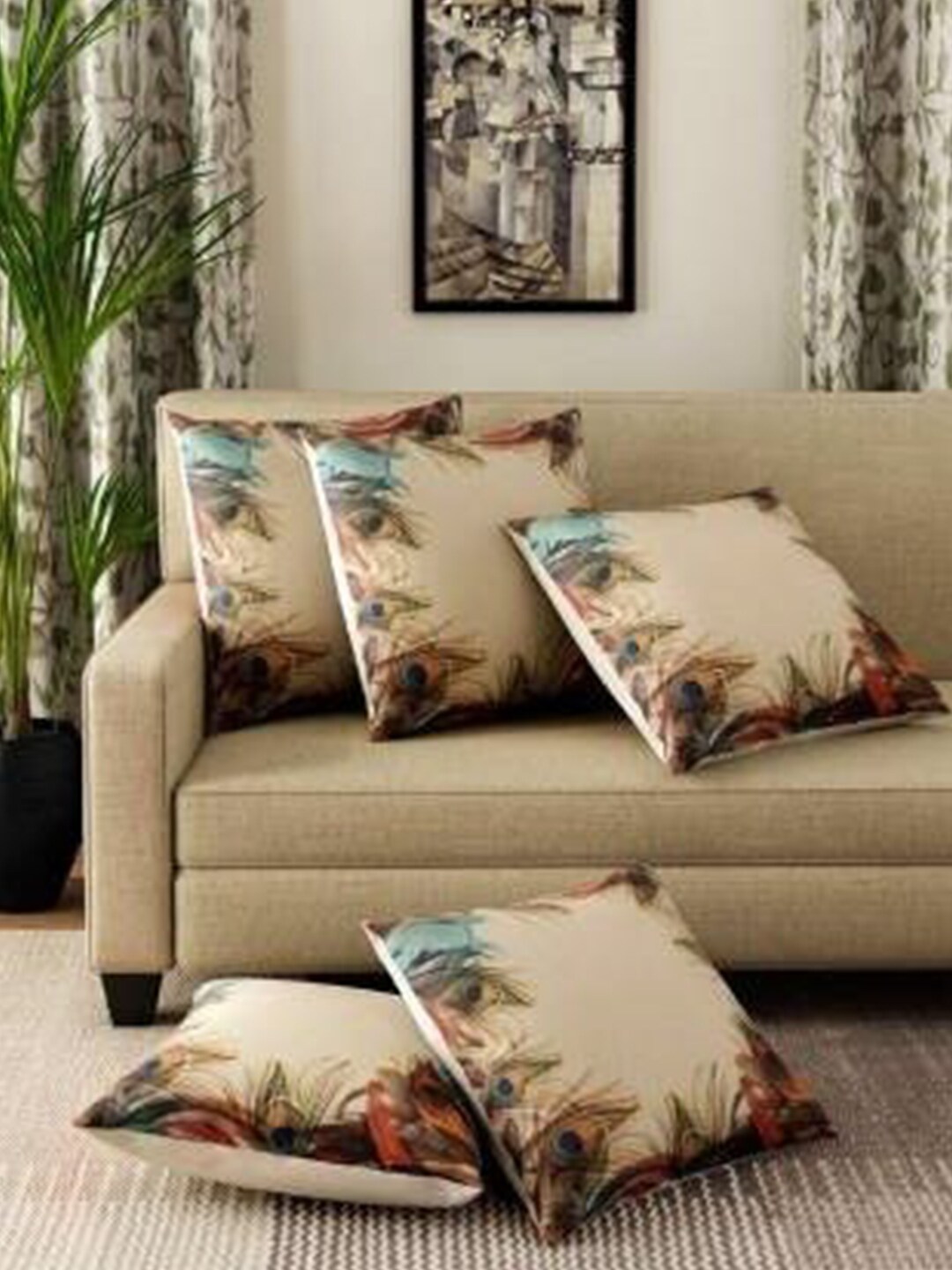 JDX Beige & Brown Printed Set of 5 Square Cushion Covers Price in India