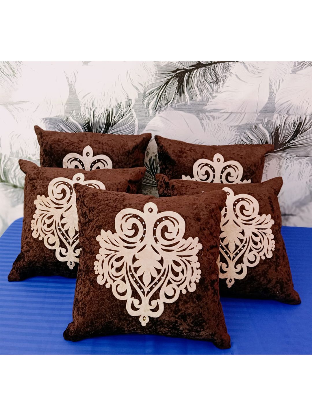 JDX Brown & Beige Set of 5 Abstract Velvet Square Cushion Covers Price in India