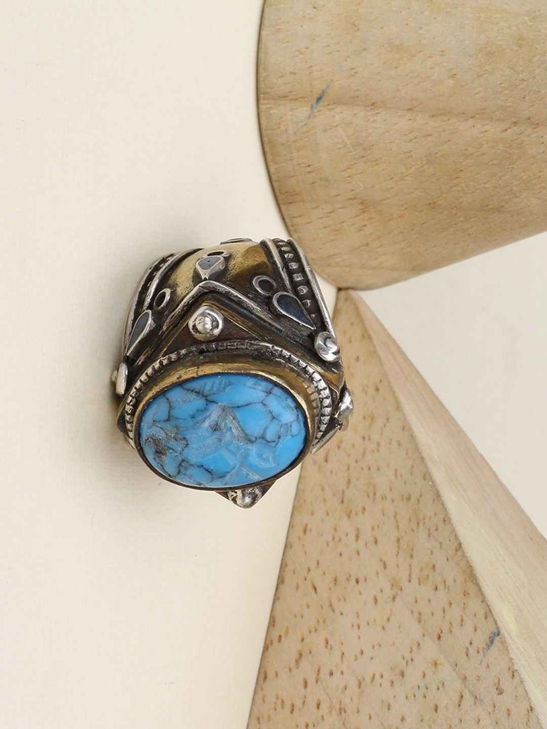 SANGEETA BOOCHRA Women Blue & Gold-Toned Turquoise Studded Afghan Finger Ring Price in India