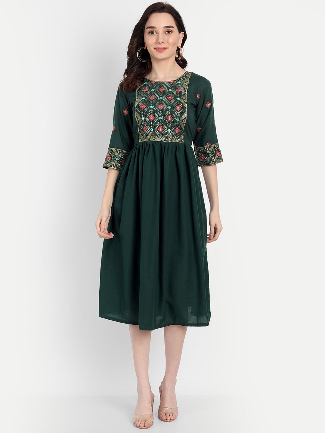 RUHI FASHION Green Ethnic Motifs A-Line Midi Dress Price in India