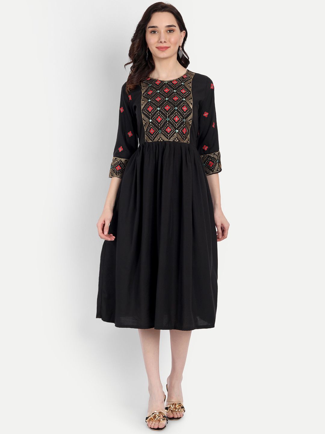 RUHI FASHION Black Ethnic Motifs Embroidered A-Line Midi Dress Price in India