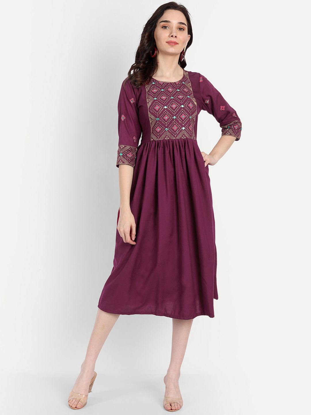 RUHI FASHION Maroon Ethnic Motifs A-Line Midi Dress Price in India