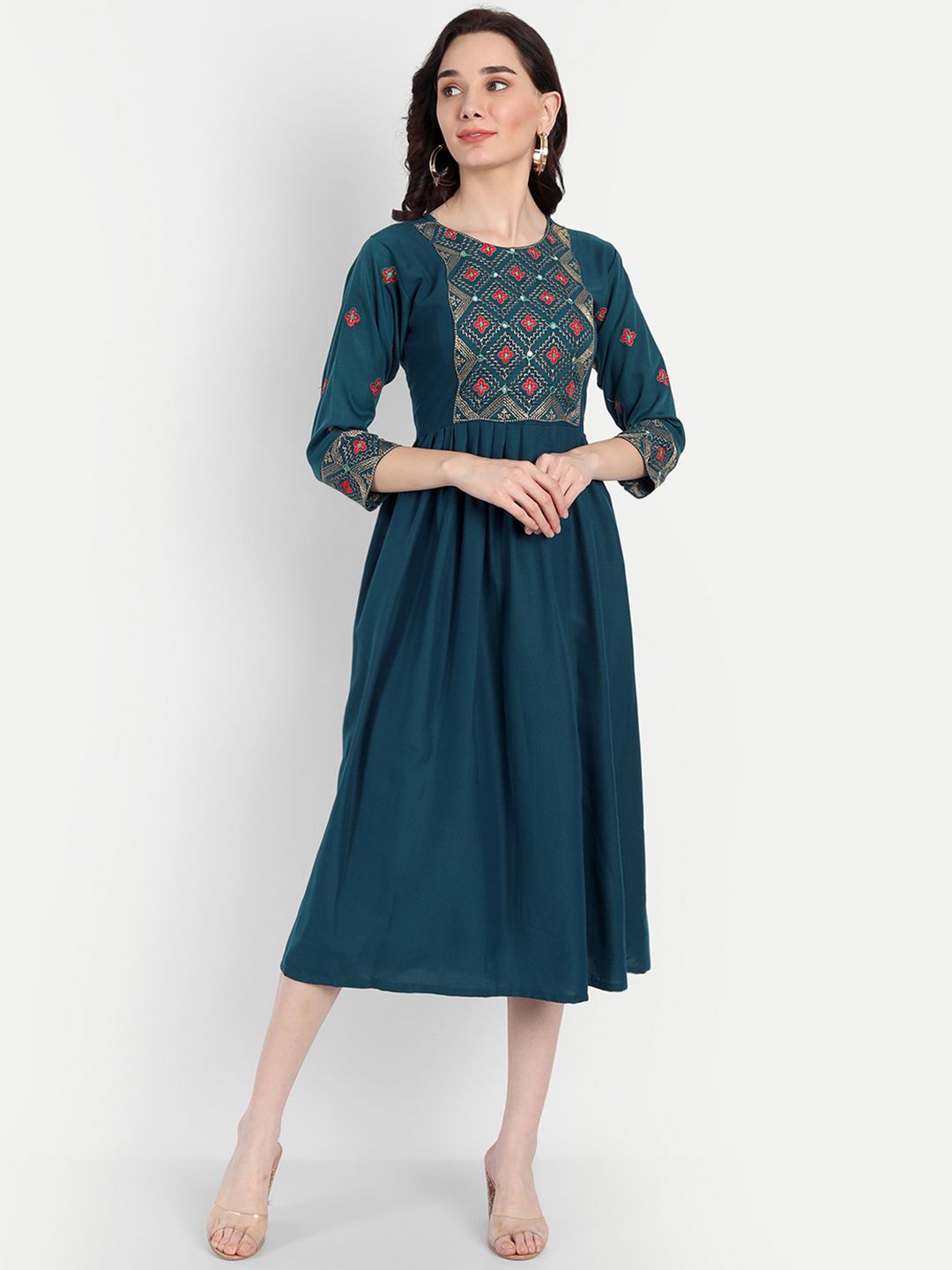 RUHI FASHION Blue Ethnic Motifs A-Line Midi Dress Price in India