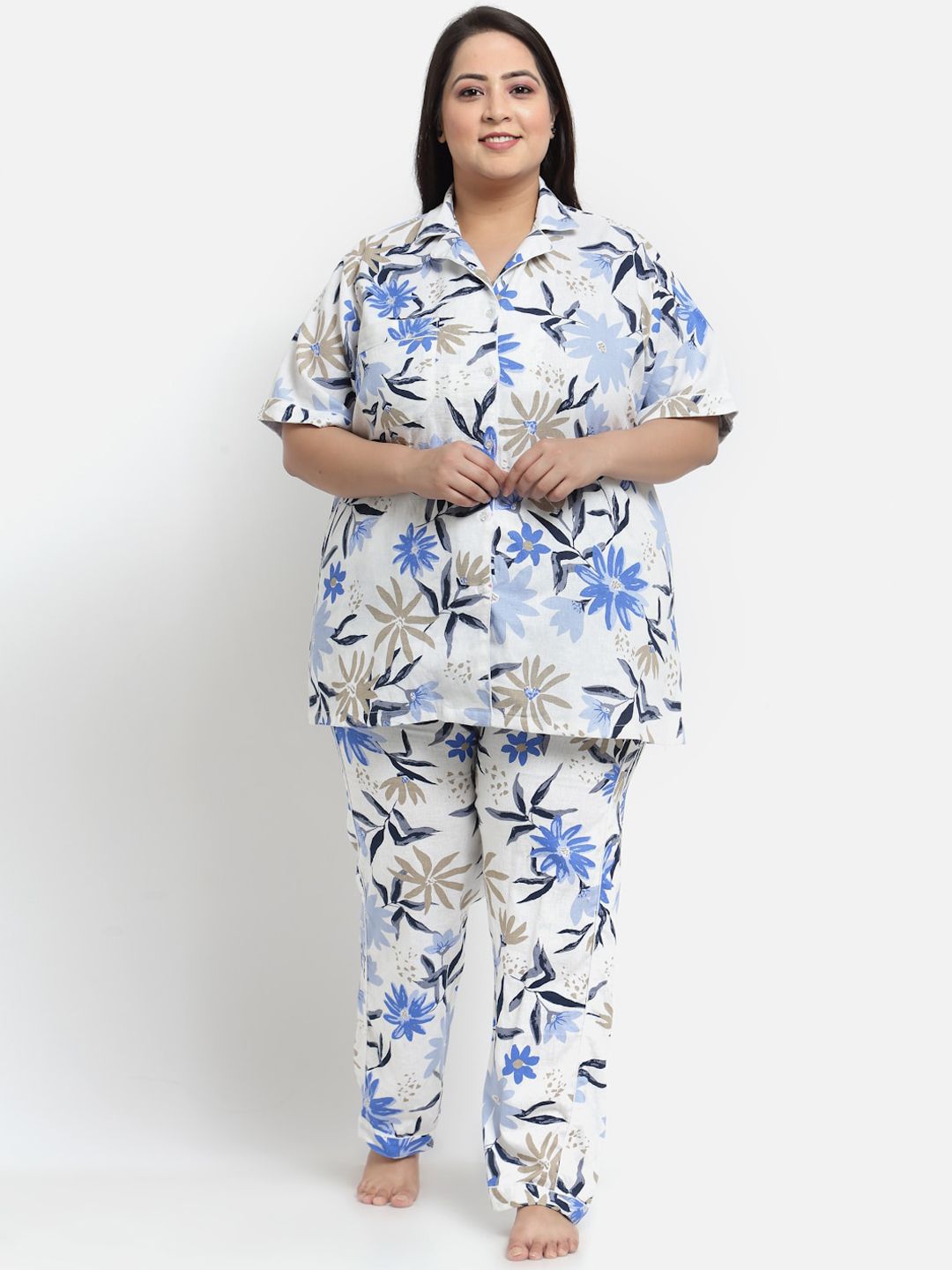 KLOTTHE Women White & Blue  Printed Plus Size Night Suit Price in India