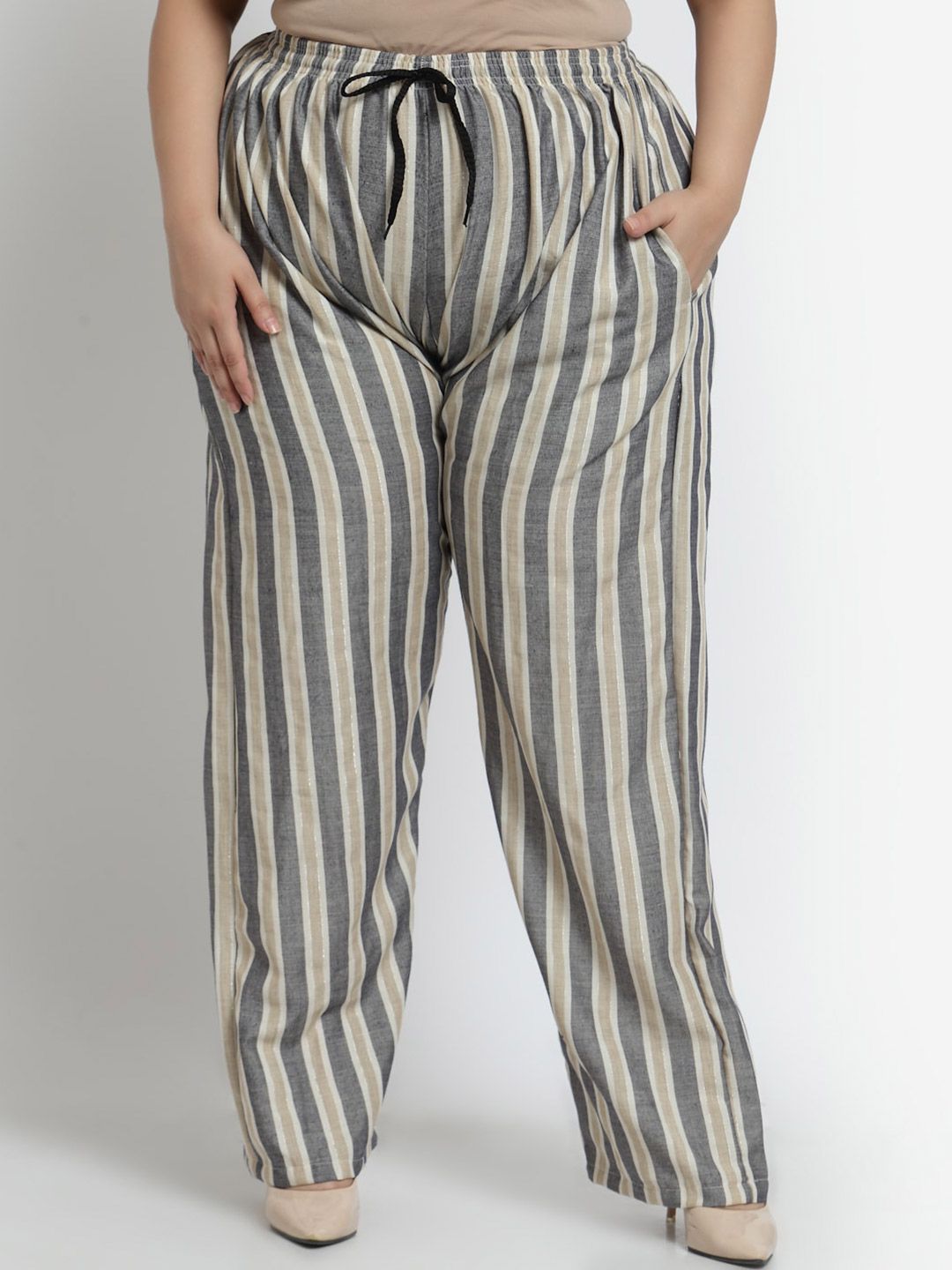 KLOTTHE Women Grey & Beige Striped Cotton Plus Size Palazzos
