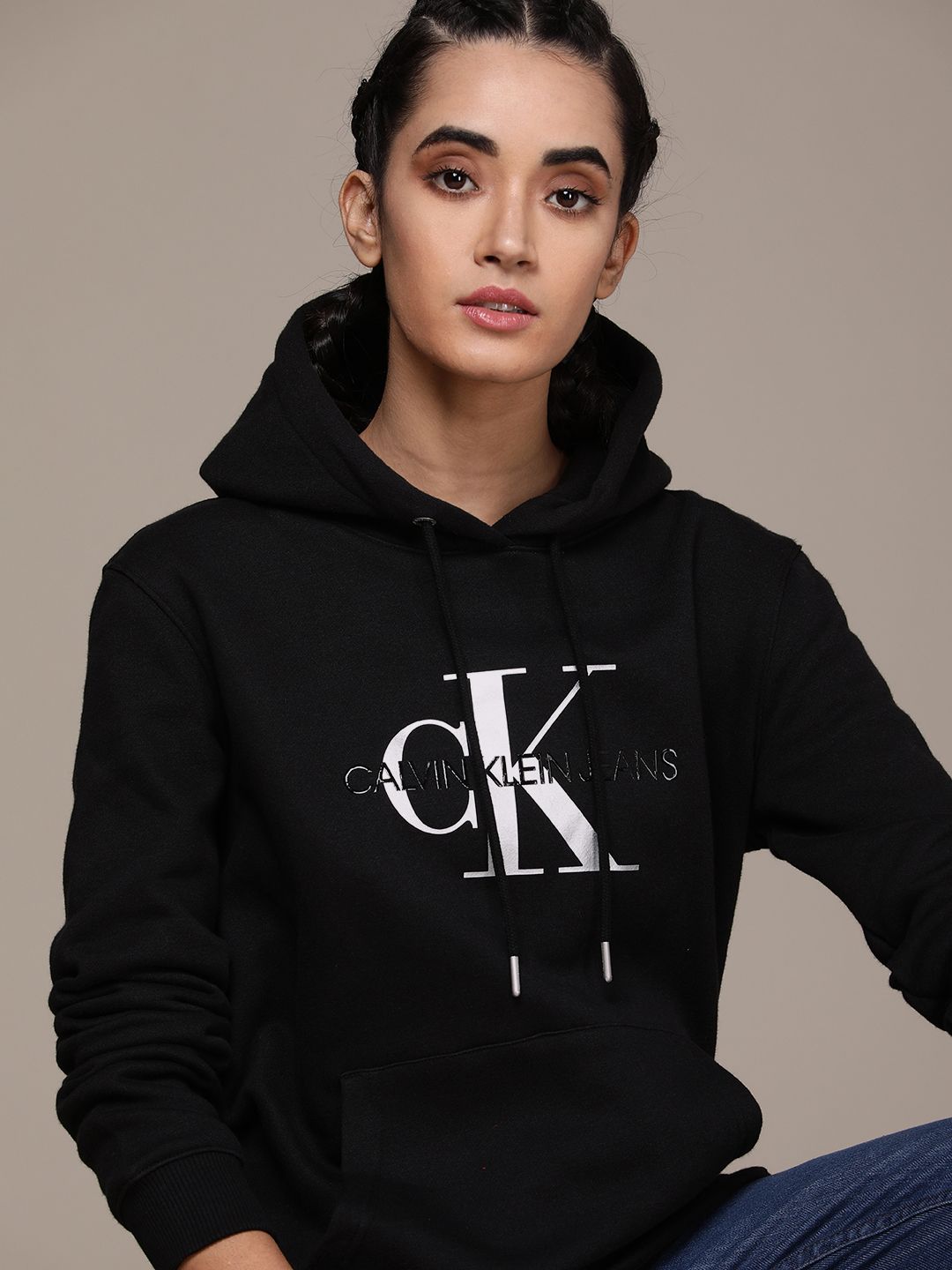 Calvin Klein Jeans Women Black Printed Hooded Sweatshirt Price in India