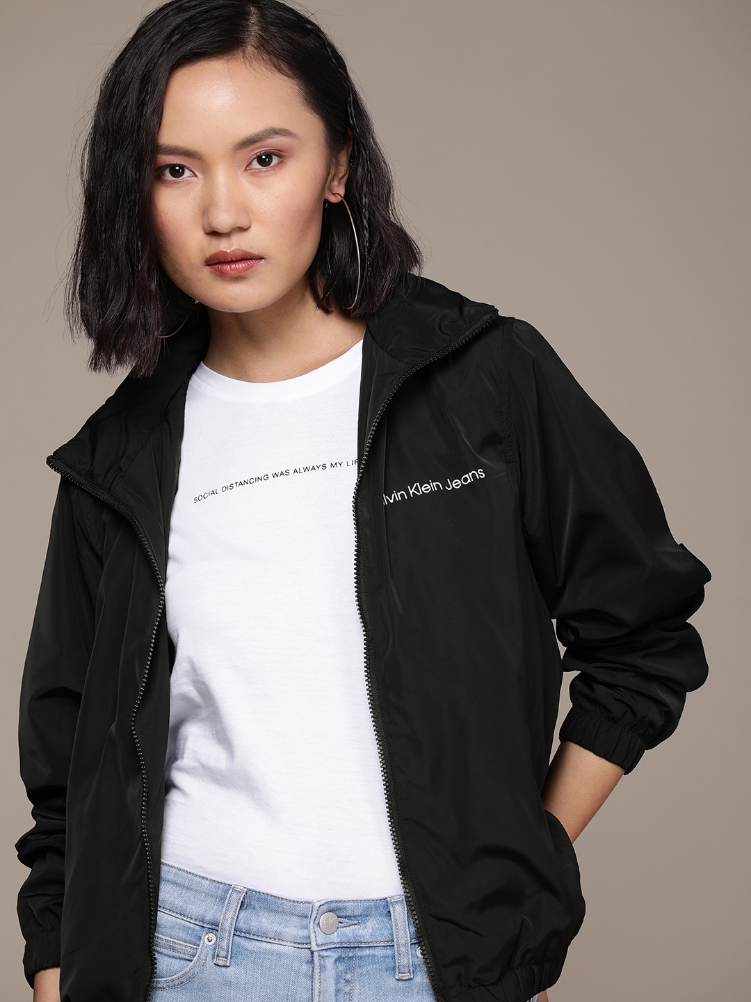 Calvin Klein Jeans Women Black Solid Bomber Jacket Price in India