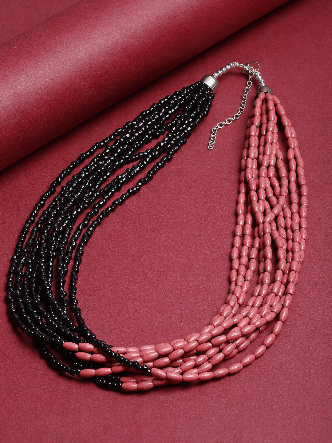 VOGUE PANASH Pink & Black Brass Silver-Plated Beaded Necklace Price in India