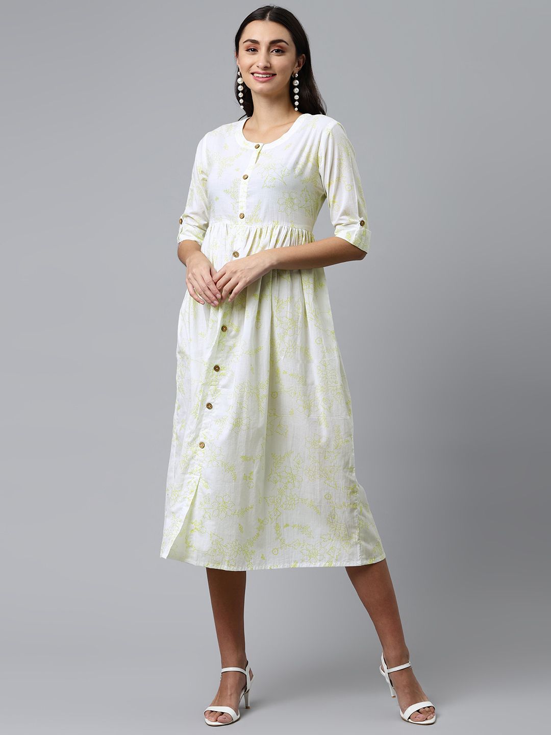 MALHAAR White & Yellow Floral Printed Maxi Pure Cotton Dress Price in India