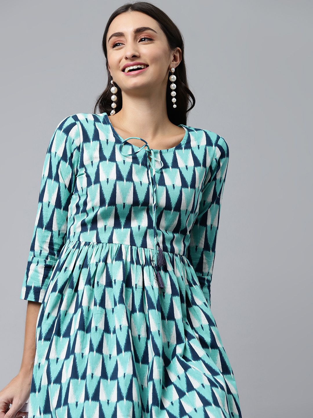 MALHAAR Sea Green & White Geometric Printed Fit & Flared Maxi Pure Cotton Dress Price in India